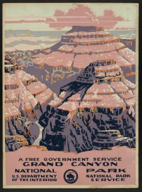 1930s WPA Grand Canyon poster enlarged to print resolution with the flat color edges and lettering clean before enhancement and upscaling