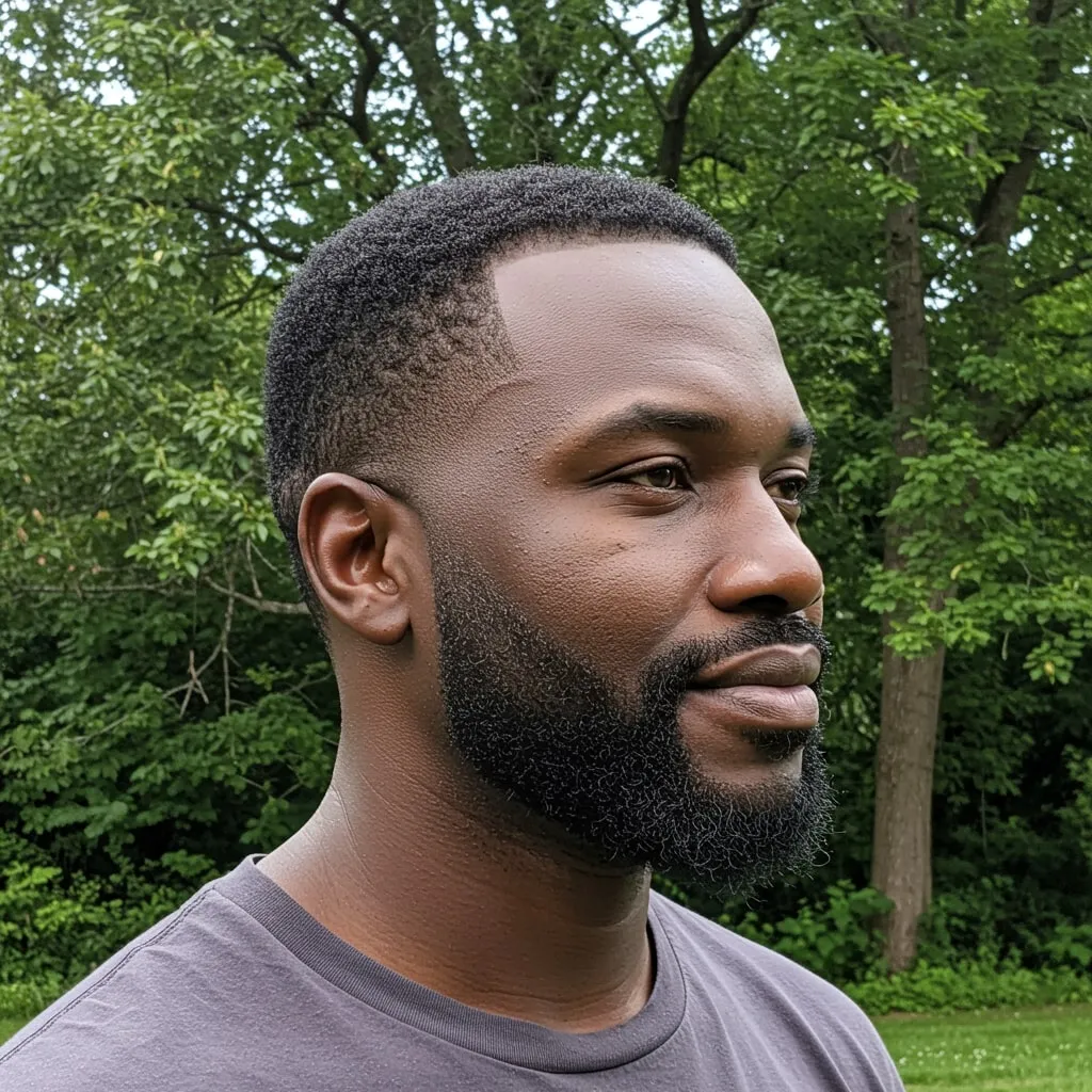 Close-up portrait of an African man, showcasing enhanced skin texture and sharper facial details after upscaling. before enhancement and upscaling