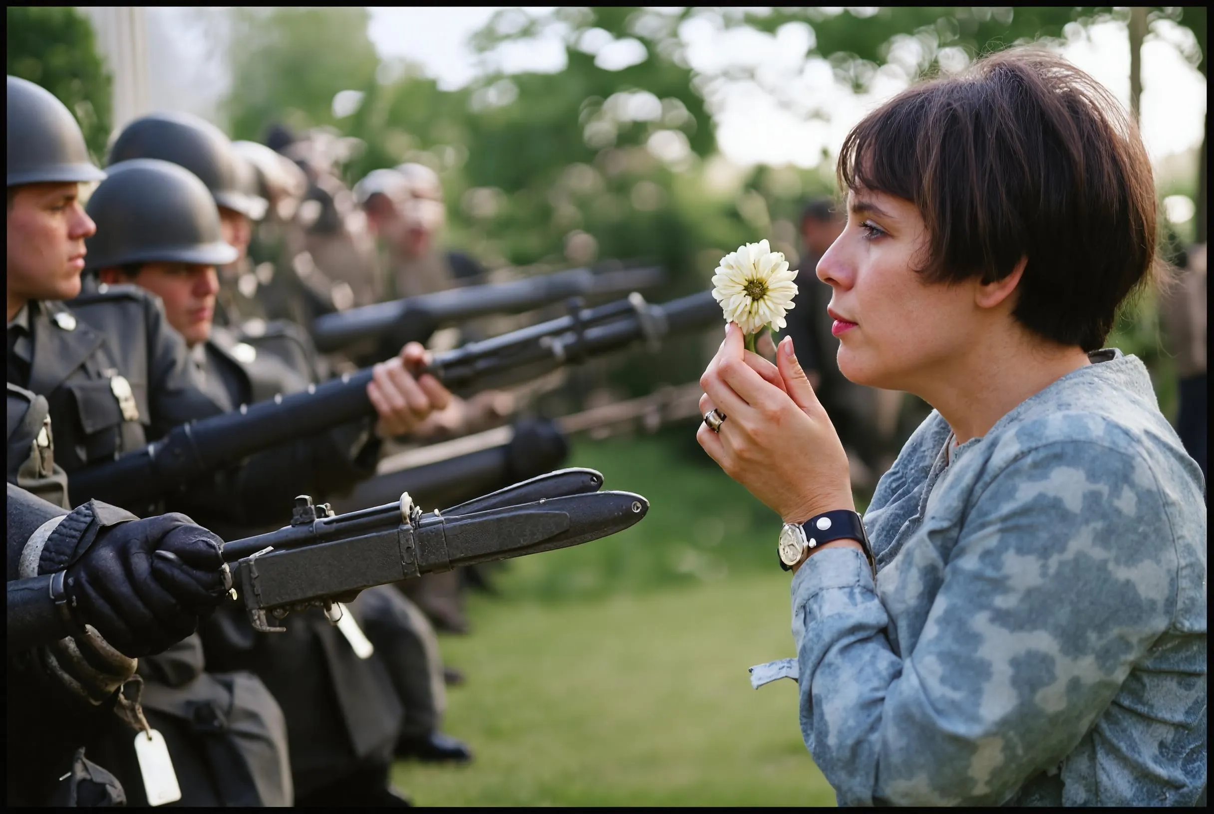 A young woman offering a chrysanthemum to armed National Guardsmen during an anti-Vietnam War protest. after enhancement and upscaling