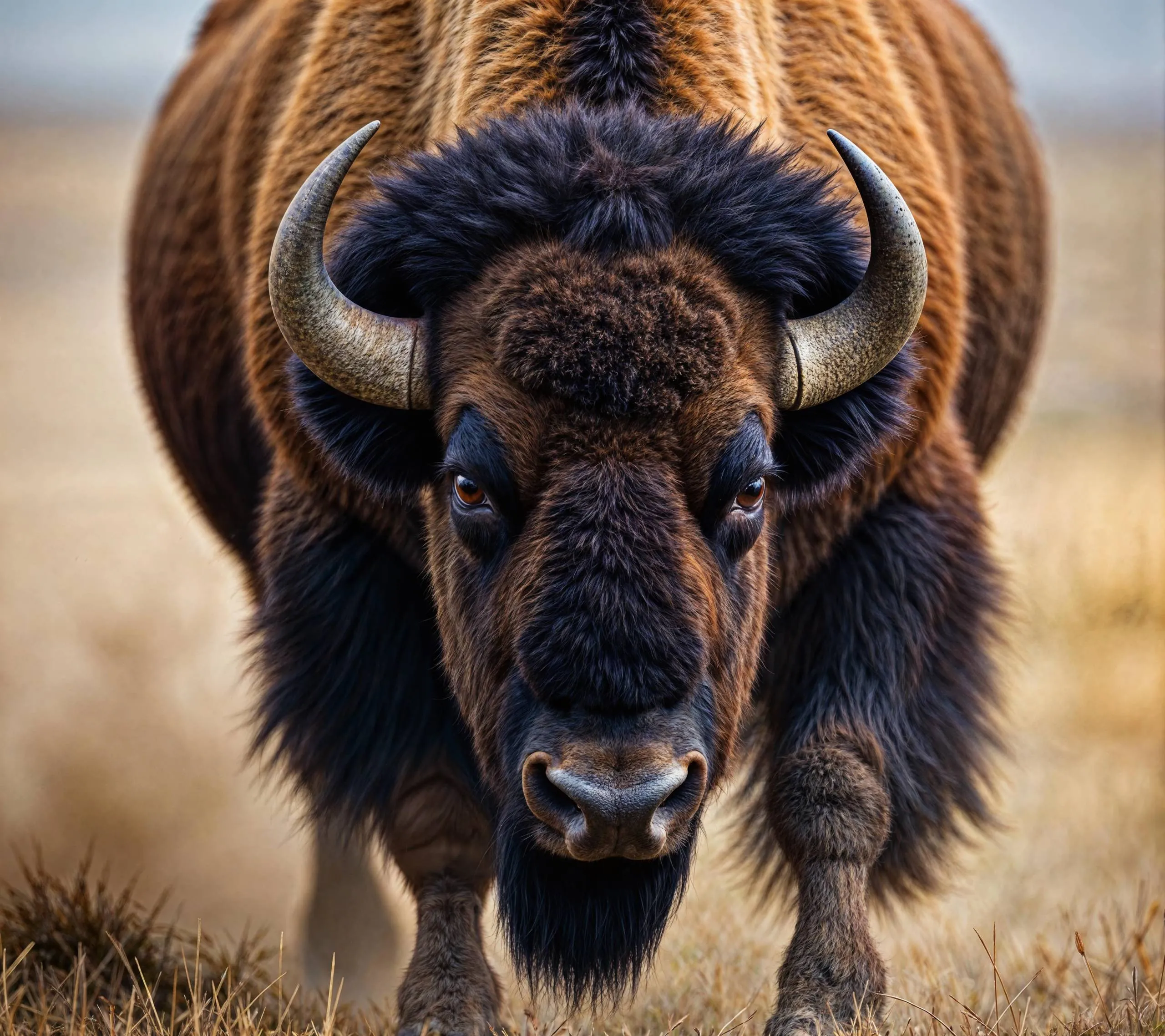 Close-up of a powerful American bison with curved horns, standing in a grassy field and staring intensely at the camera after enhancement and upscaling