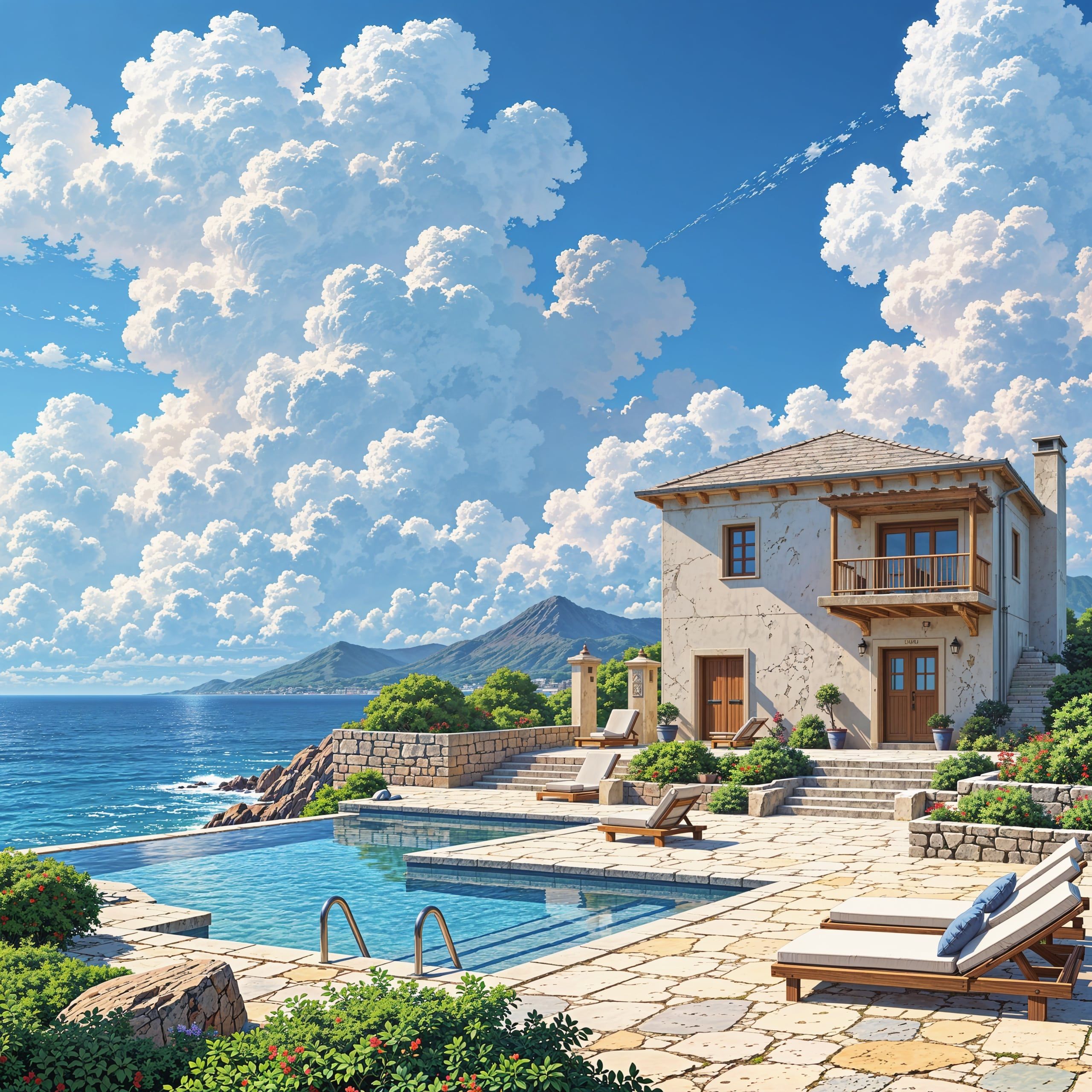 Scenic luxury villa by the ocean with an infinity pool, stone patio, and breathtaking mountain views under a blue sky with fluffy clouds after enhancement and upscaling