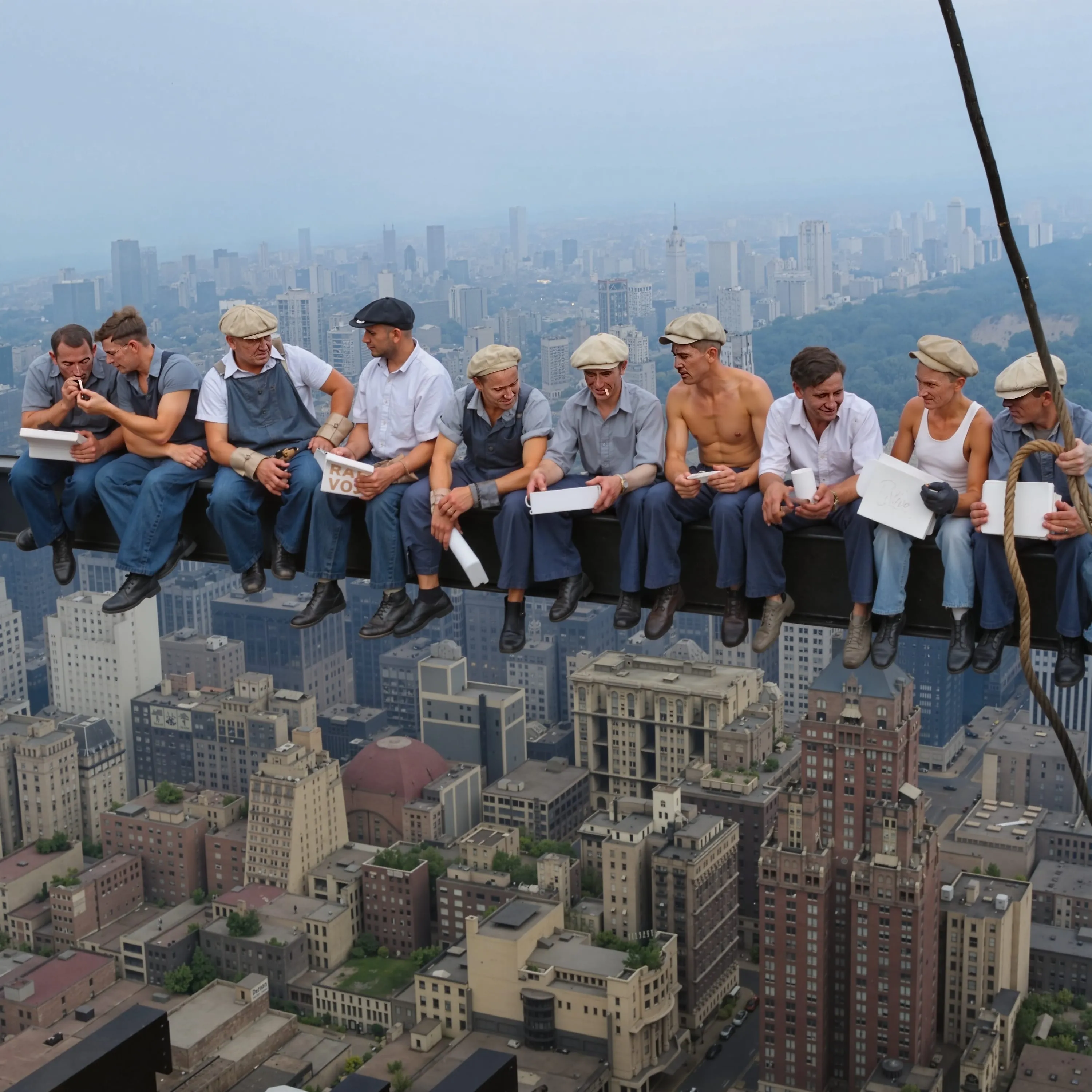 Restored lunch atop a skyscraper, showcasing the transformation from a faded, damaged image to a vibrant, clear restoration. The restored image features a bright blue sky, sharp details of the skyscraper, and vivid colors in the lunch items. after enhancement and upscaling