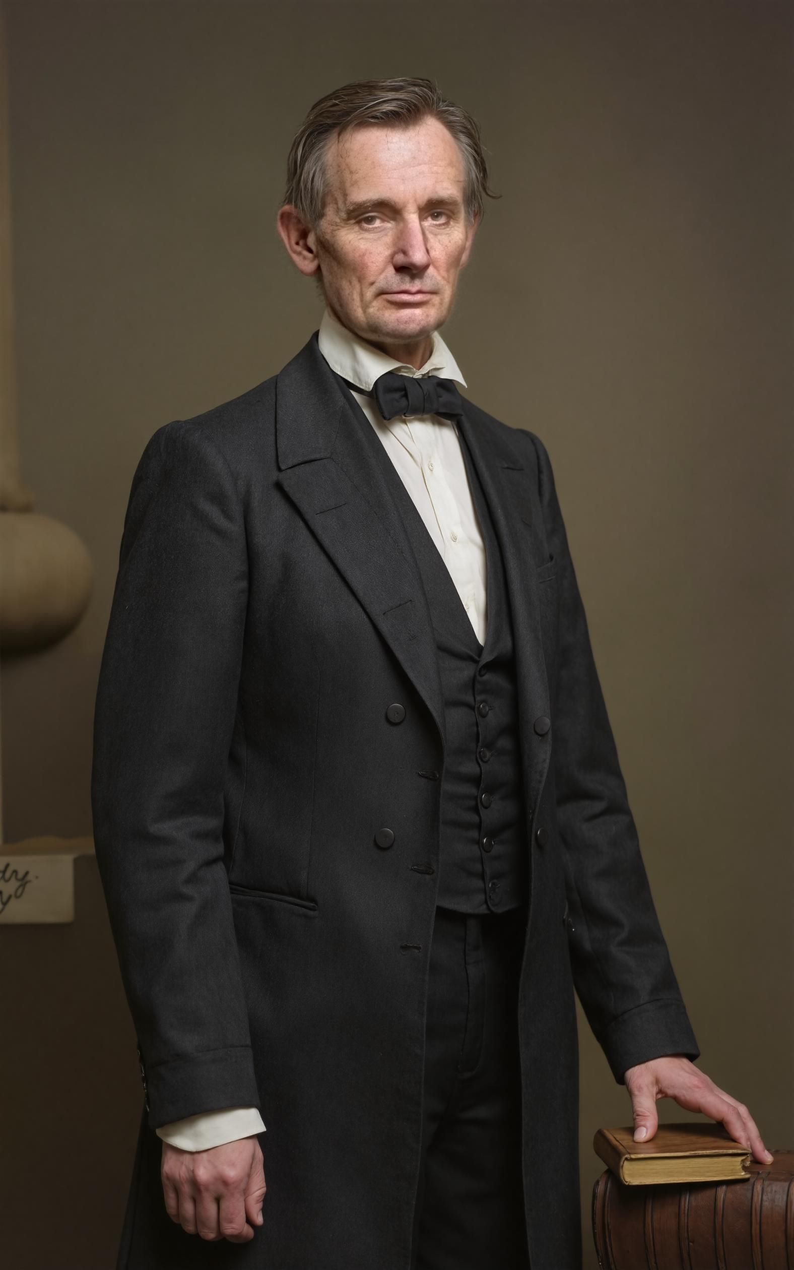 AI portrait restoration: An old photo of Abraham Lincoln is sharpened, colorized, and restored. after enhancement and upscaling