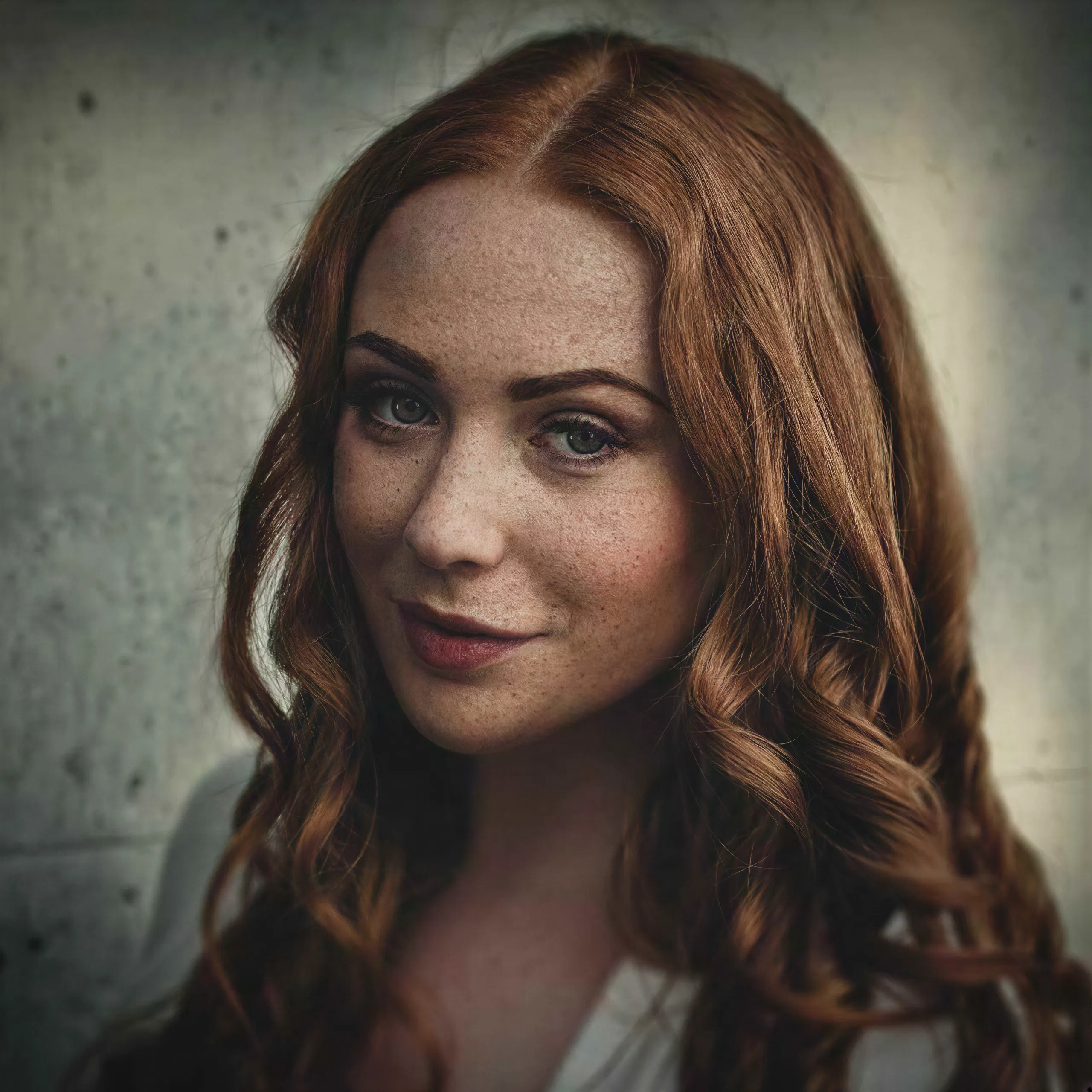 Portrait of a red-haired woman with freckles brought back from a blurred, compressed copy, skin and hair detail recovered after enhancement and upscaling