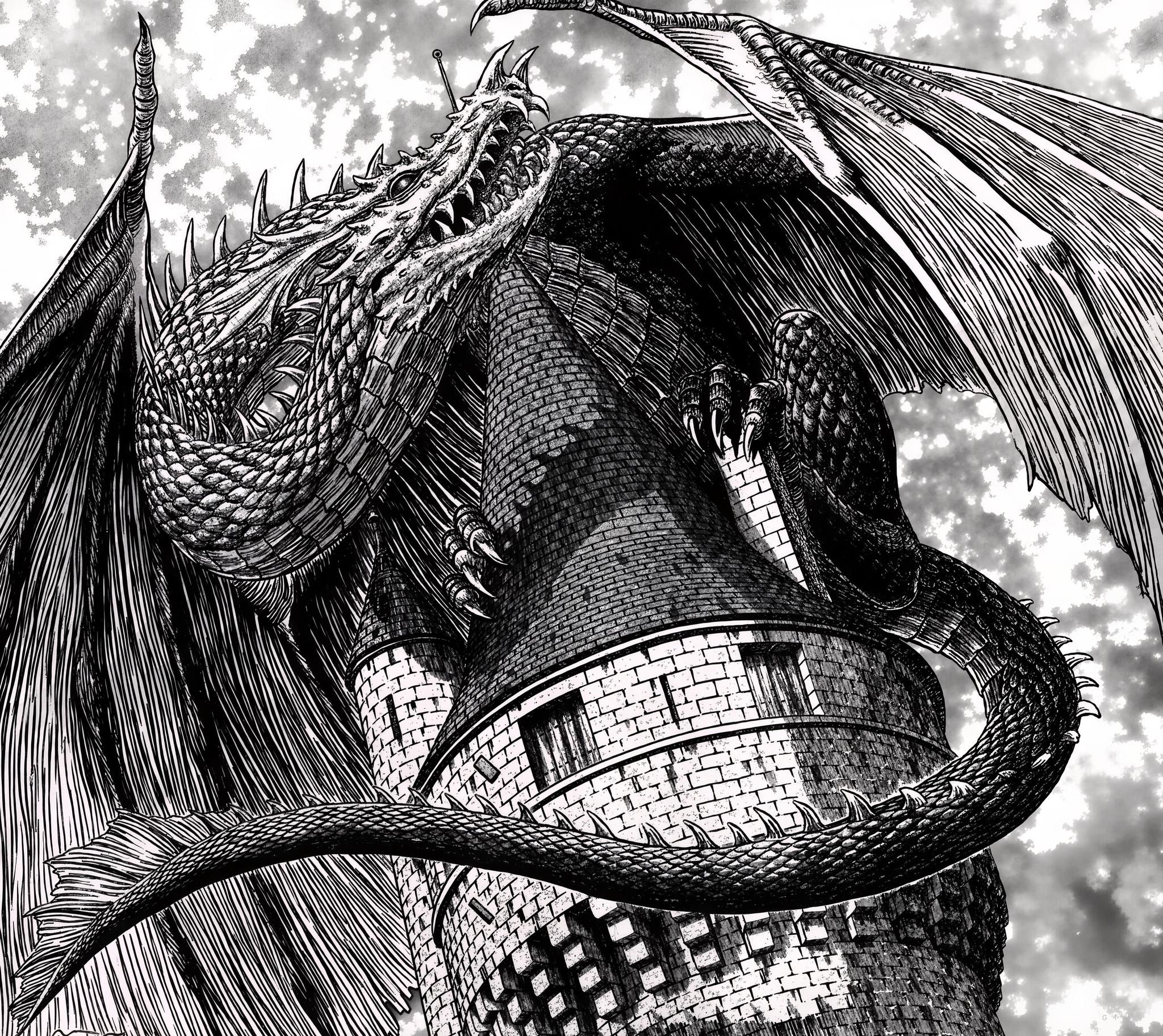 Berserk dragon on a tower after enhancement and upscaling