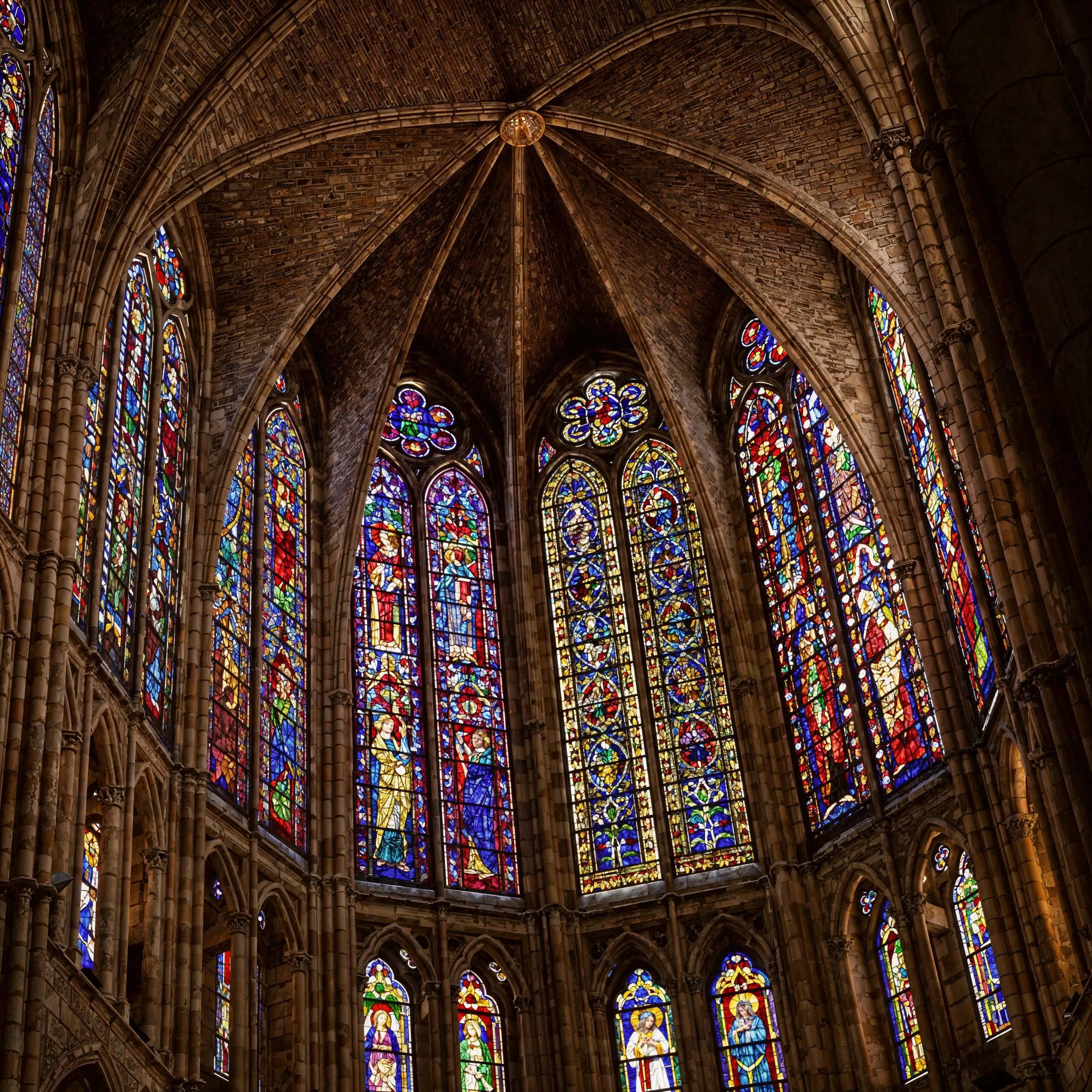 Majestic Gothic cathedral interior, showcasing richer details in stained-glass, stonework, and ambient light due to upscaling. after enhancement and upscaling