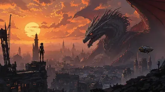 Generated scene of a dragon over a ruined city at sunset, enlarged with the silhouette and cloud detail intact before enhancement and upscaling