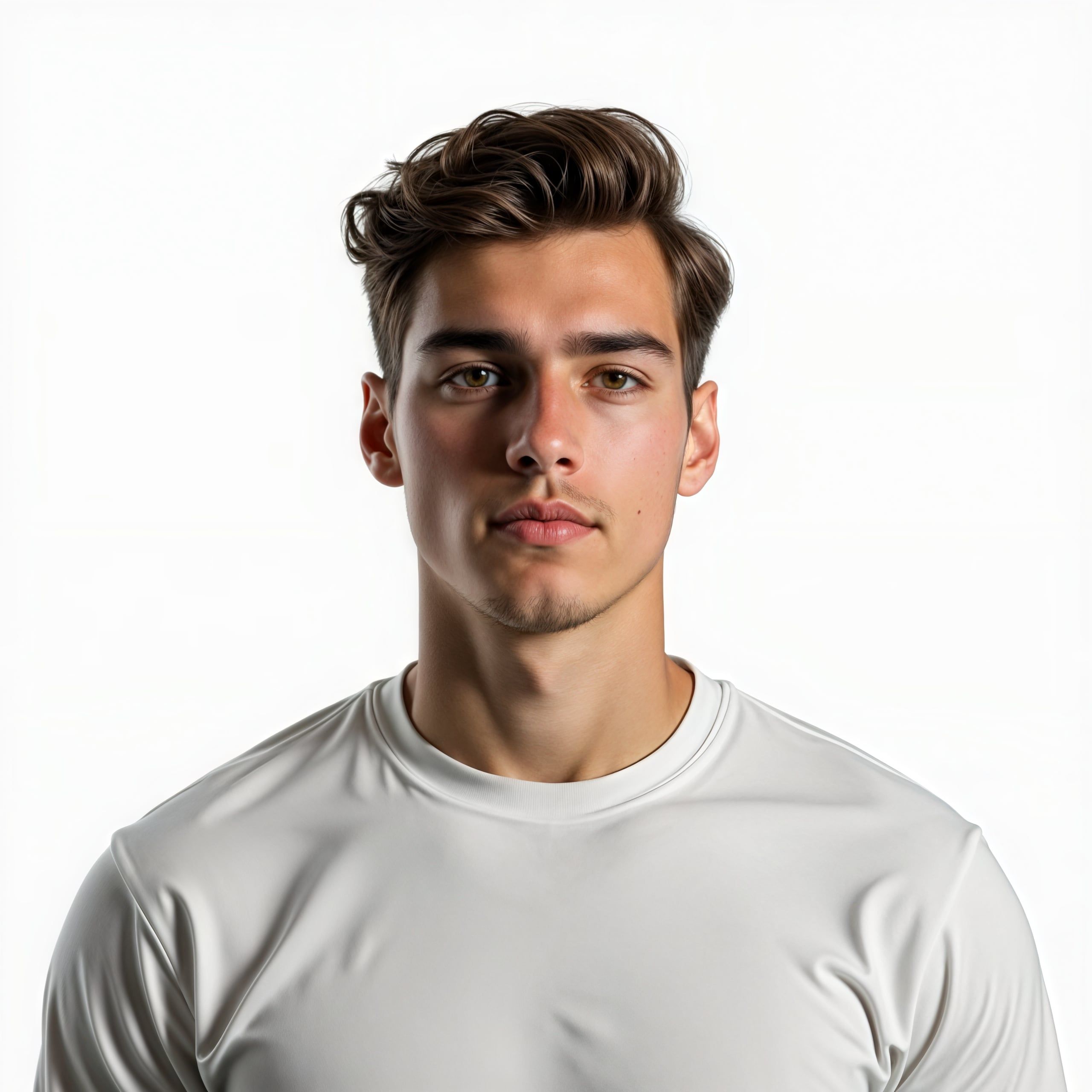 Young man with brown hair wearing a beige knit sweater, looking directly at the camera against a plain white background before enhancement and upscaling