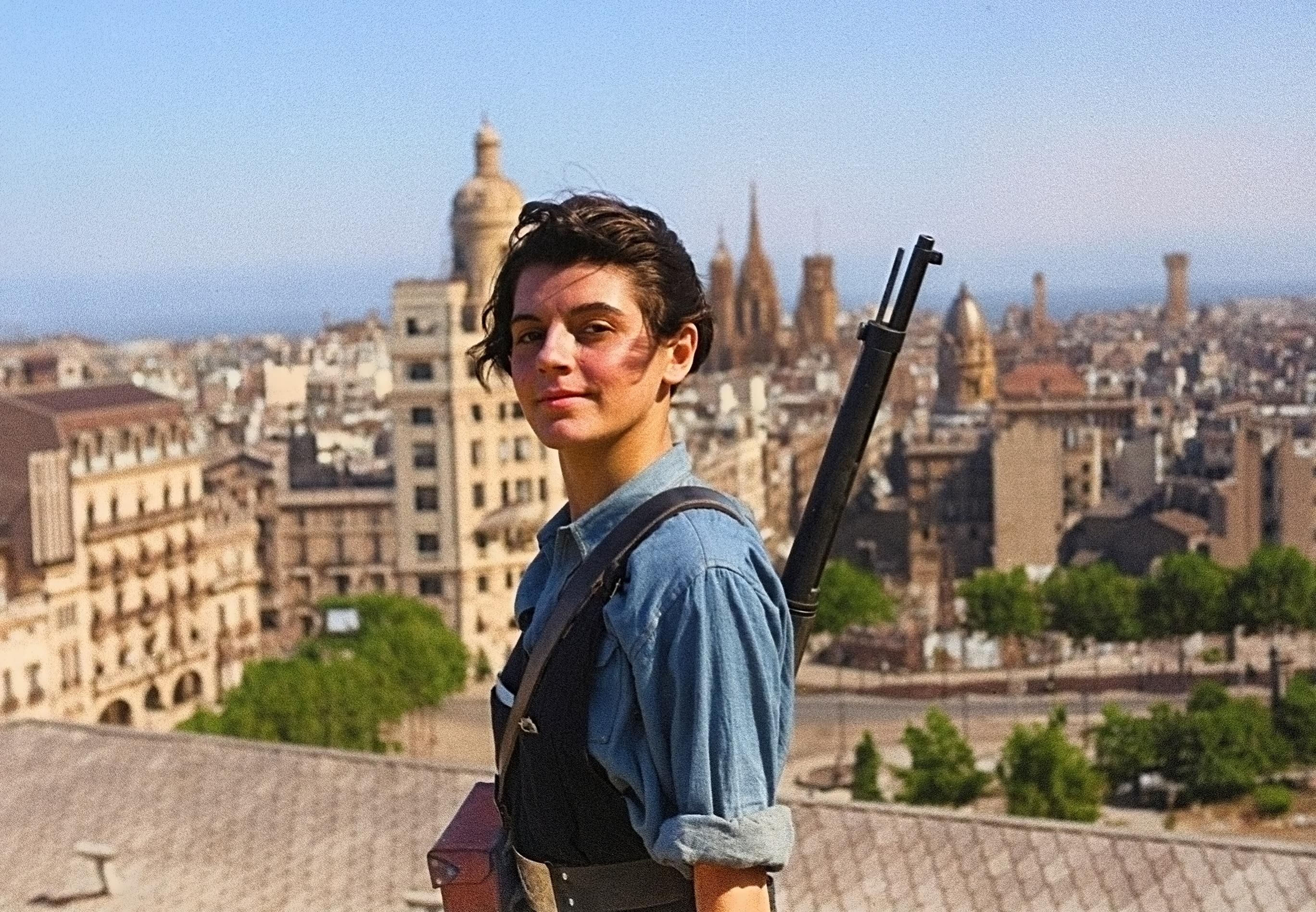 Marina Ginestà, a French communist militant, on a Barcelona rooftop with a rifle, symbolizing the anti-fascist struggle. after enhancement and upscaling