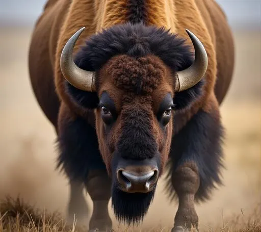 Close-up of a powerful American bison with curved horns, standing in a grassy field and staring intensely at the camera before enhancement and upscaling