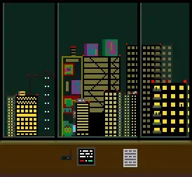 Pixel art scene of a city skyline at night seen through a window, enlarged with the pixel grid still square-edged before enhancement and upscaling