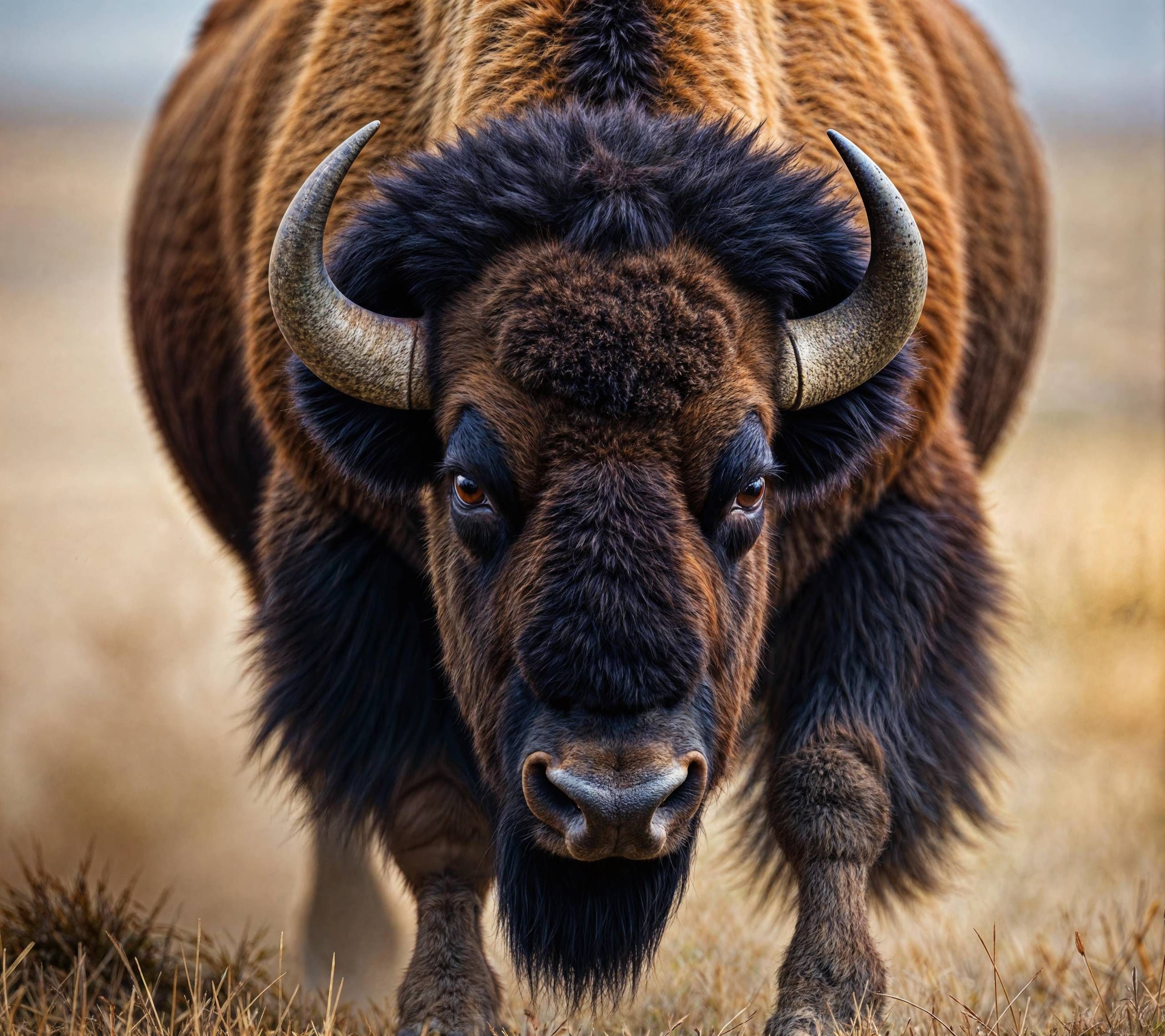 Close-up of a powerful American bison with curved horns, standing in a grassy field and staring intensely at the camera after enhancement and upscaling