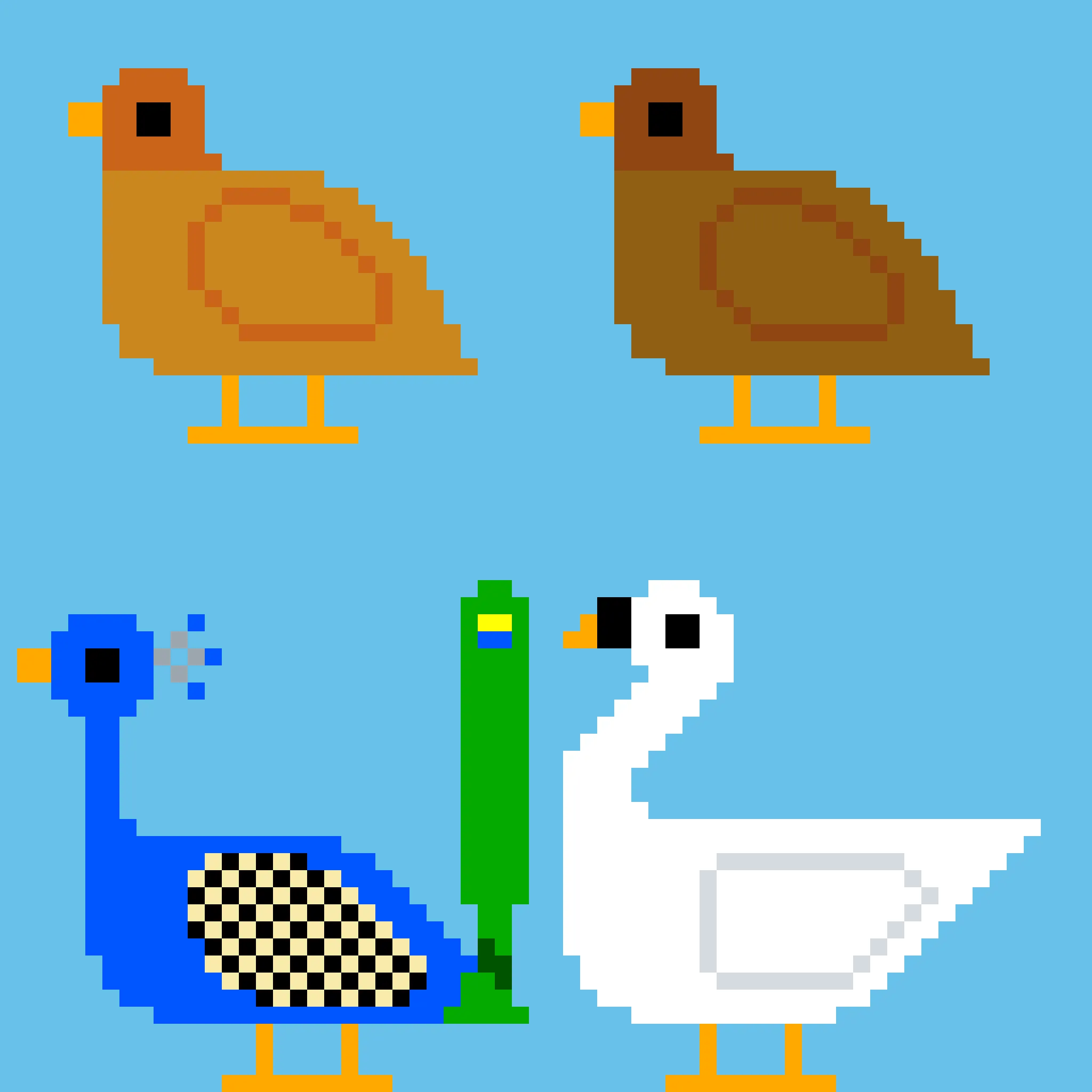 Pixel art sprites enlarged 8x with every source pixel kept a clean square block after enhancement and upscaling