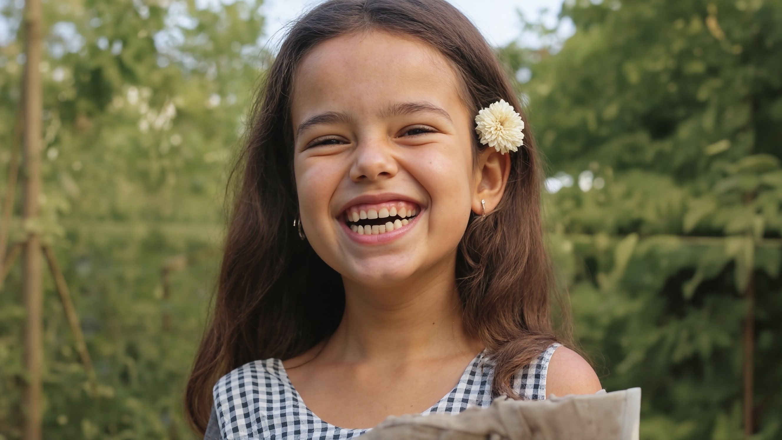 Restored portrait of a smiling girl using AI face restoration after enhancement and upscaling