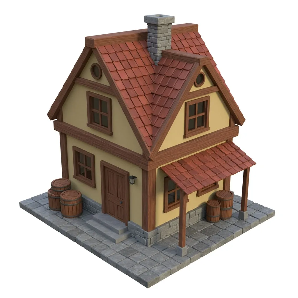 3D game asset of a wooden house, showing increased texture detail on wood and roof, and overall sharpness from upscaling. before enhancement and upscaling