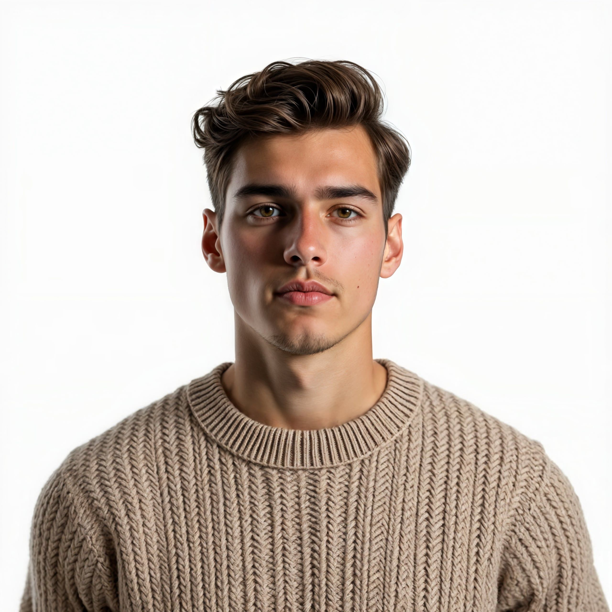 Young man with brown hair wearing a beige knit sweater, looking directly at the camera against a plain white background after enhancement and upscaling