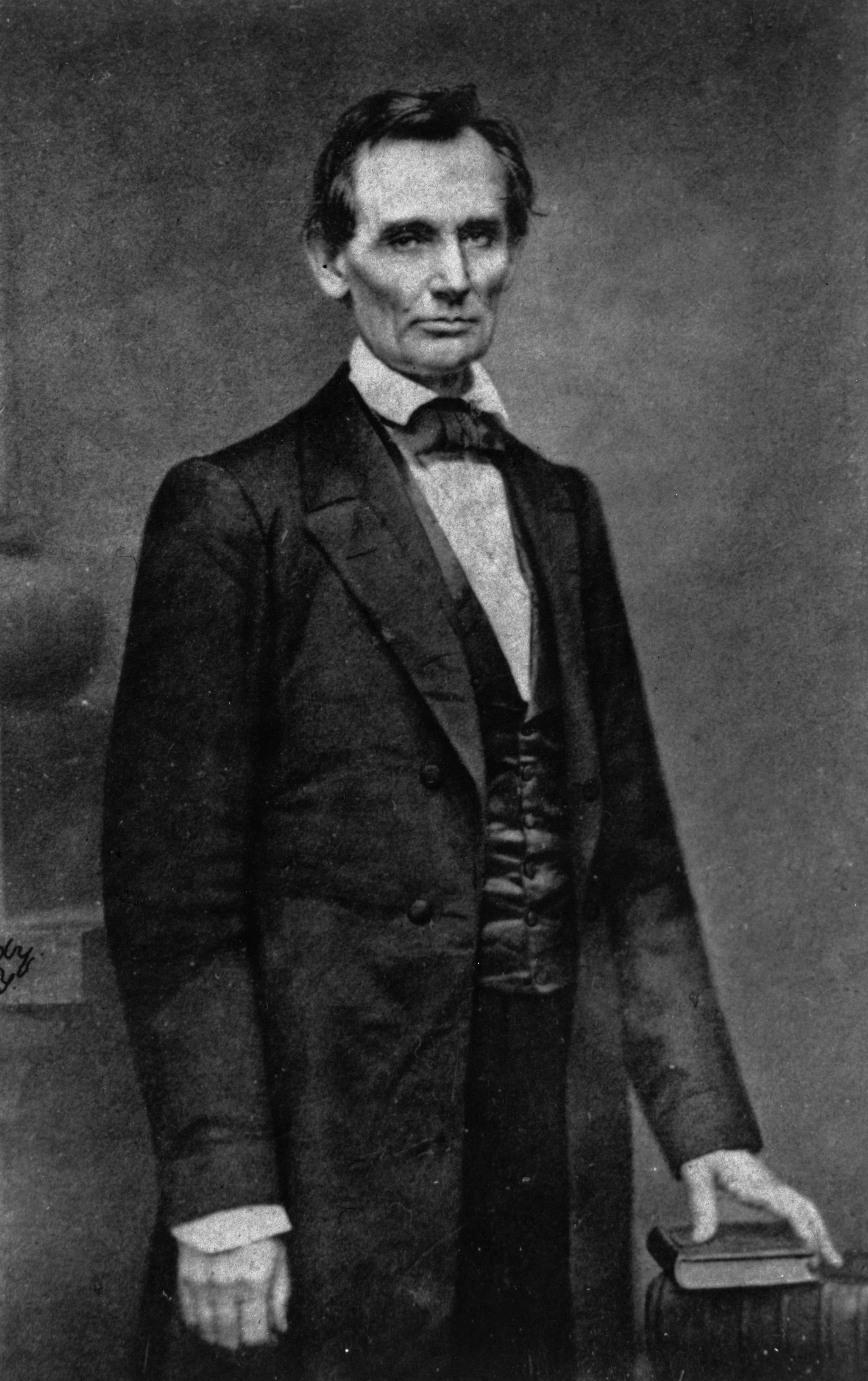 AI portrait restoration: An old, scratched portrait of Abraham Lincoln is cleaned up and colorized. before enhancement and upscaling