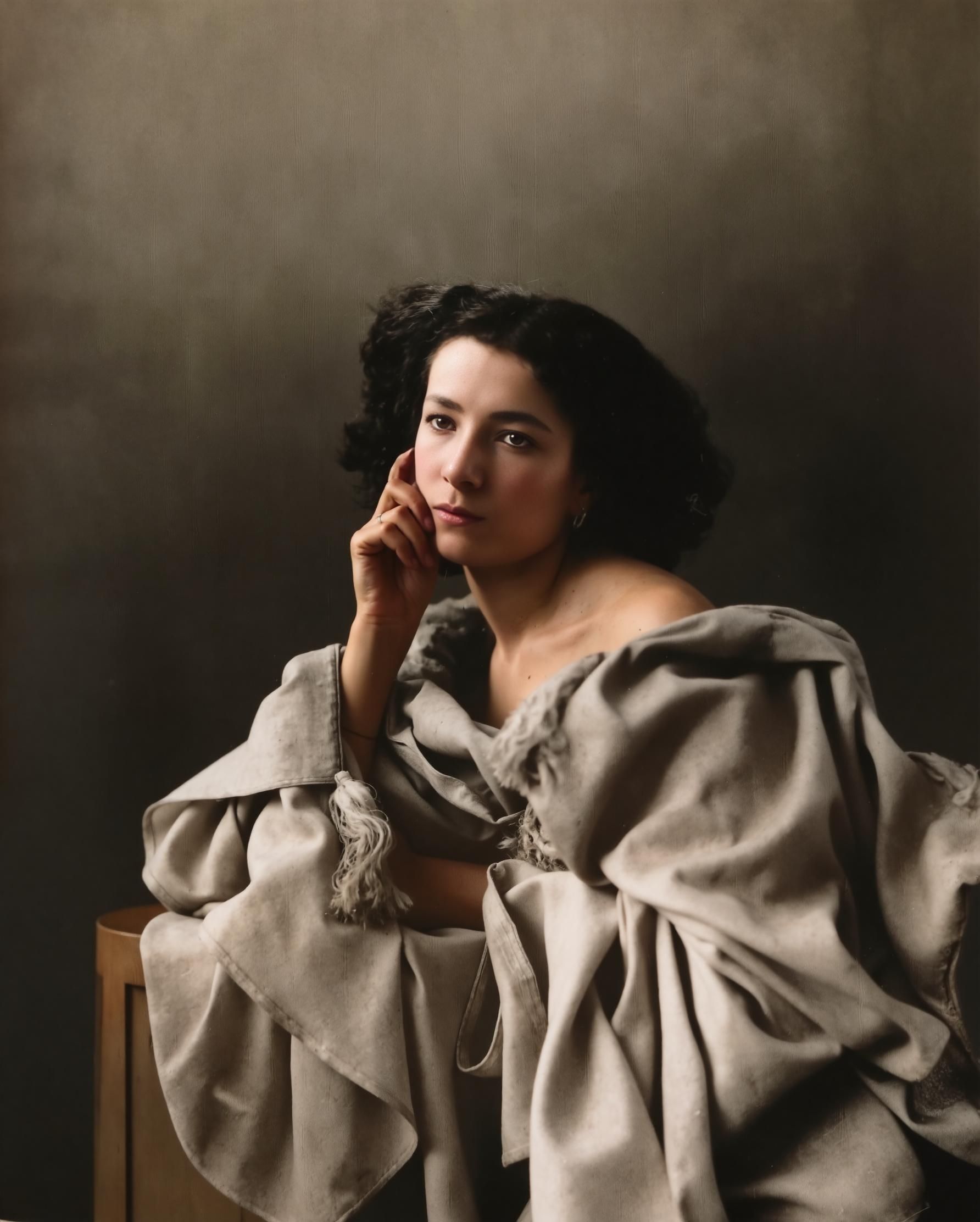 AI damage repair: A heavily faded and sepia-toned portrait of Sarah Bernhardt is restored to high quality. after enhancement and upscaling