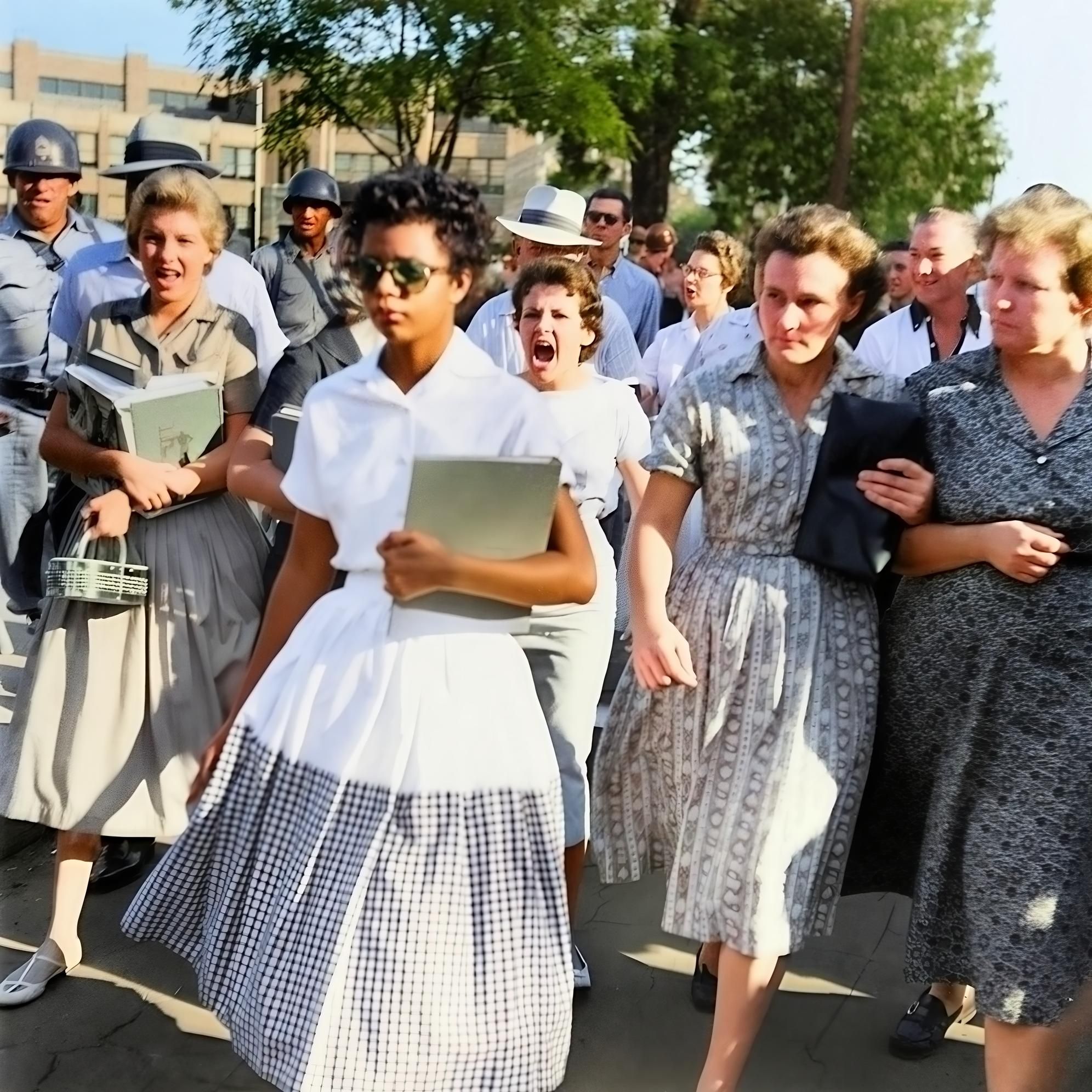 Elizabeth Eckford walking with dignity as she attempts to enter Little Rock Central High School, surrounded by a hostile crowd. after enhancement and upscaling