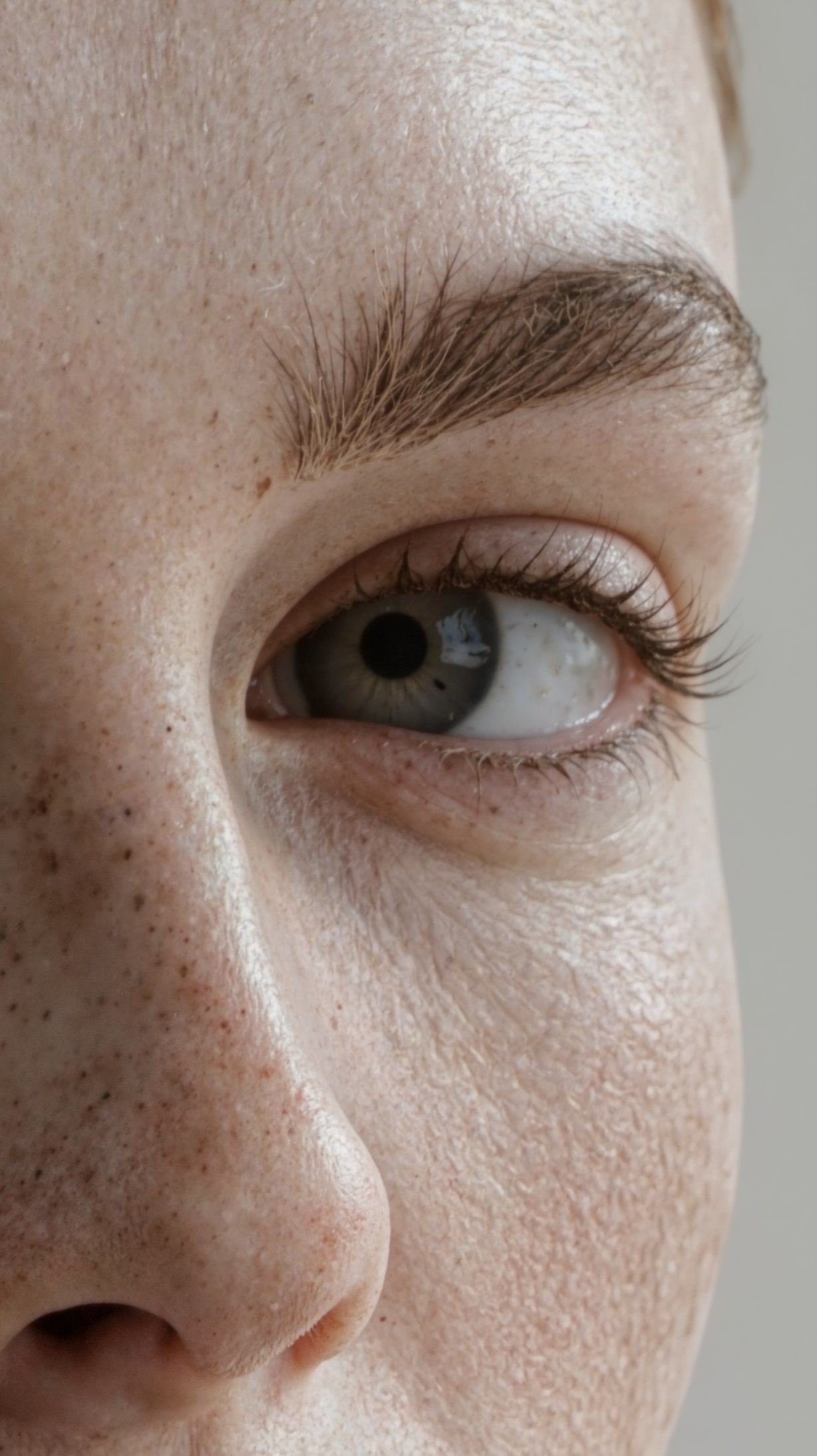 Eyes and nose close-up of hyper-realistic red haired woman