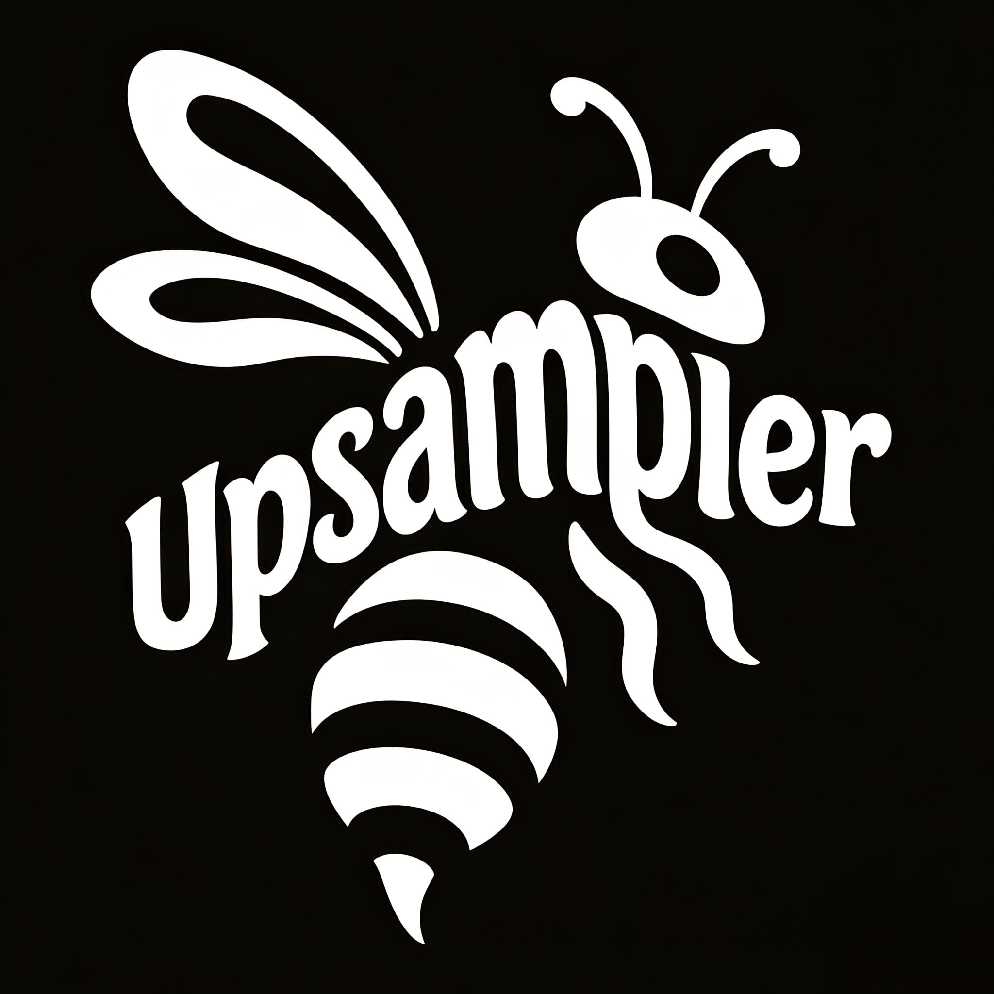 A black background with a logo inspired by India. The logo features the silhouette of a white bumblebee formed from the word 'Upsampler.' The text is creatively arranged to resemble the shape of the bumblebee . The font is bold, playful, and features soft curves. The logo maintains an Indian-inspired beauty. The letters flow naturally to form the body of the bumblebee while keeping the text easily readable
