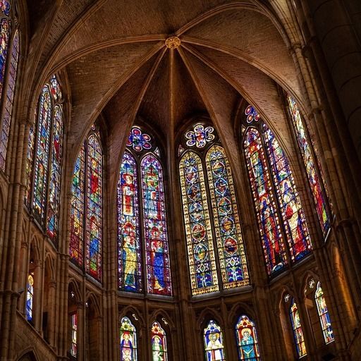 Majestic Gothic cathedral interior, showcasing richer details in stained-glass, stonework, and ambient light due to upscaling. before enhancement and upscaling