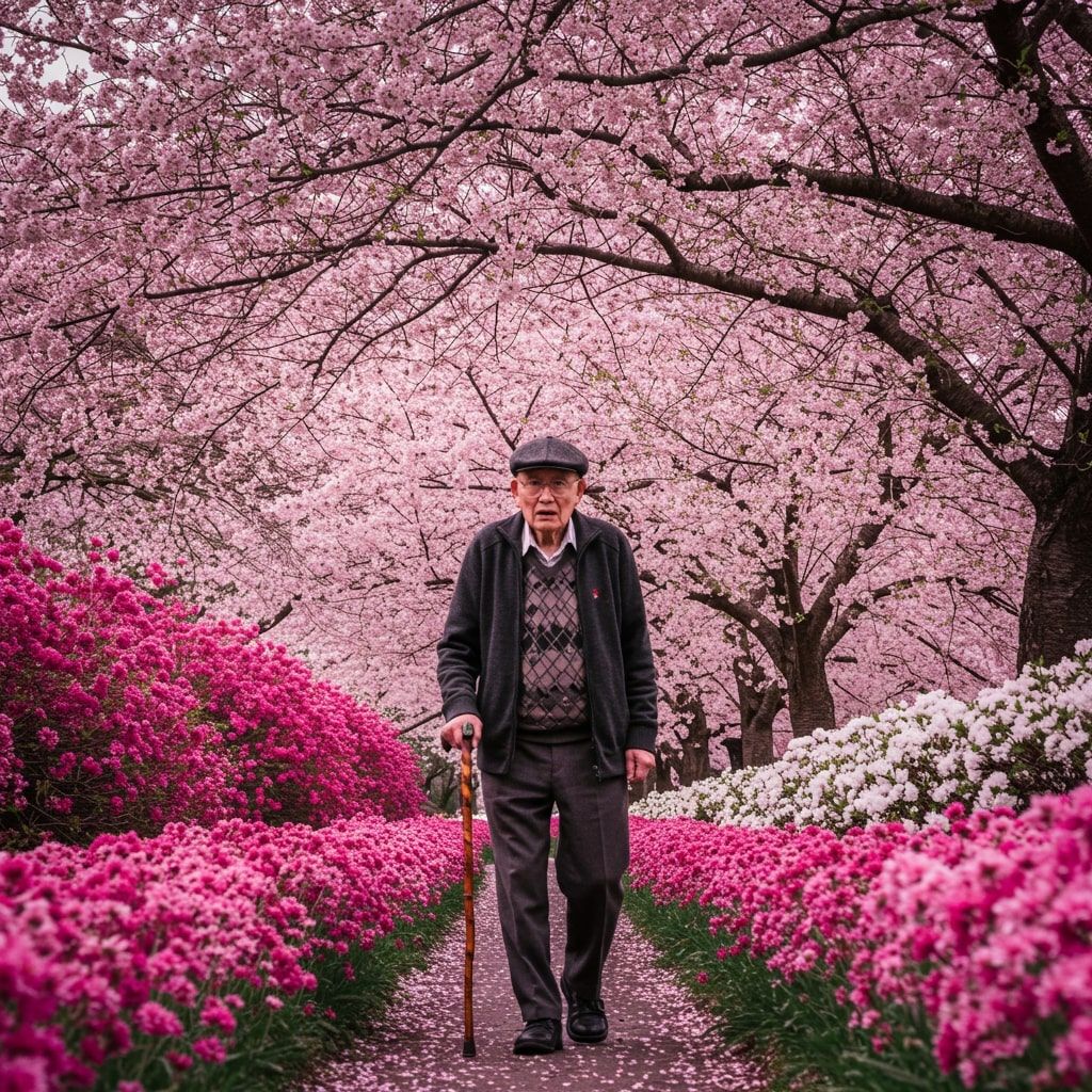 Japanese man walking through a park with cherry blossom trees and flowers before enhancement and upscaling