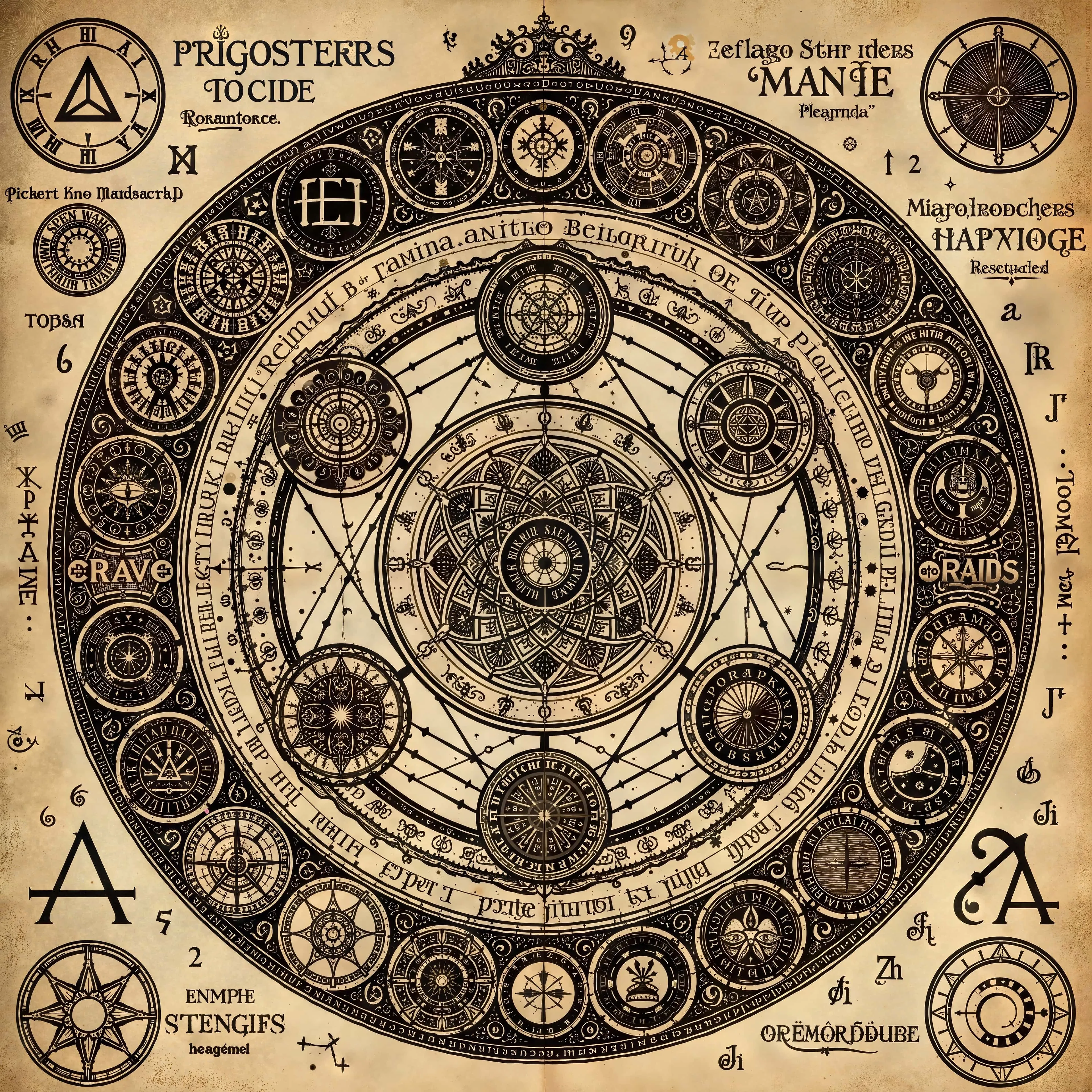 Intricate alchemical diagram with mystical symbols, geometric patterns, and ancient-looking text on aged parchment after enhancement and upscaling