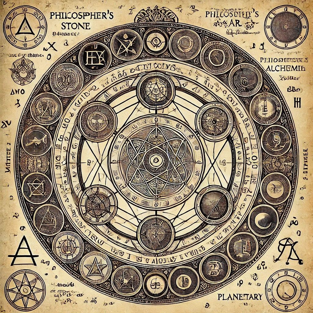 Intricate alchemical diagram with mystical symbols, geometric patterns, and ancient-looking text on aged parchment before enhancement and upscaling