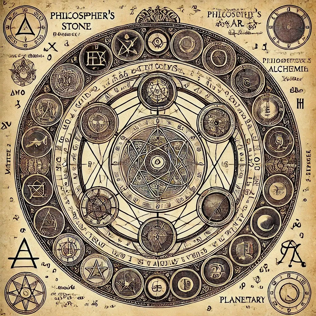 Intricate alchemical diagram with mystical symbols, geometric patterns, and ancient-looking text on aged parchment before enhancement and upscaling