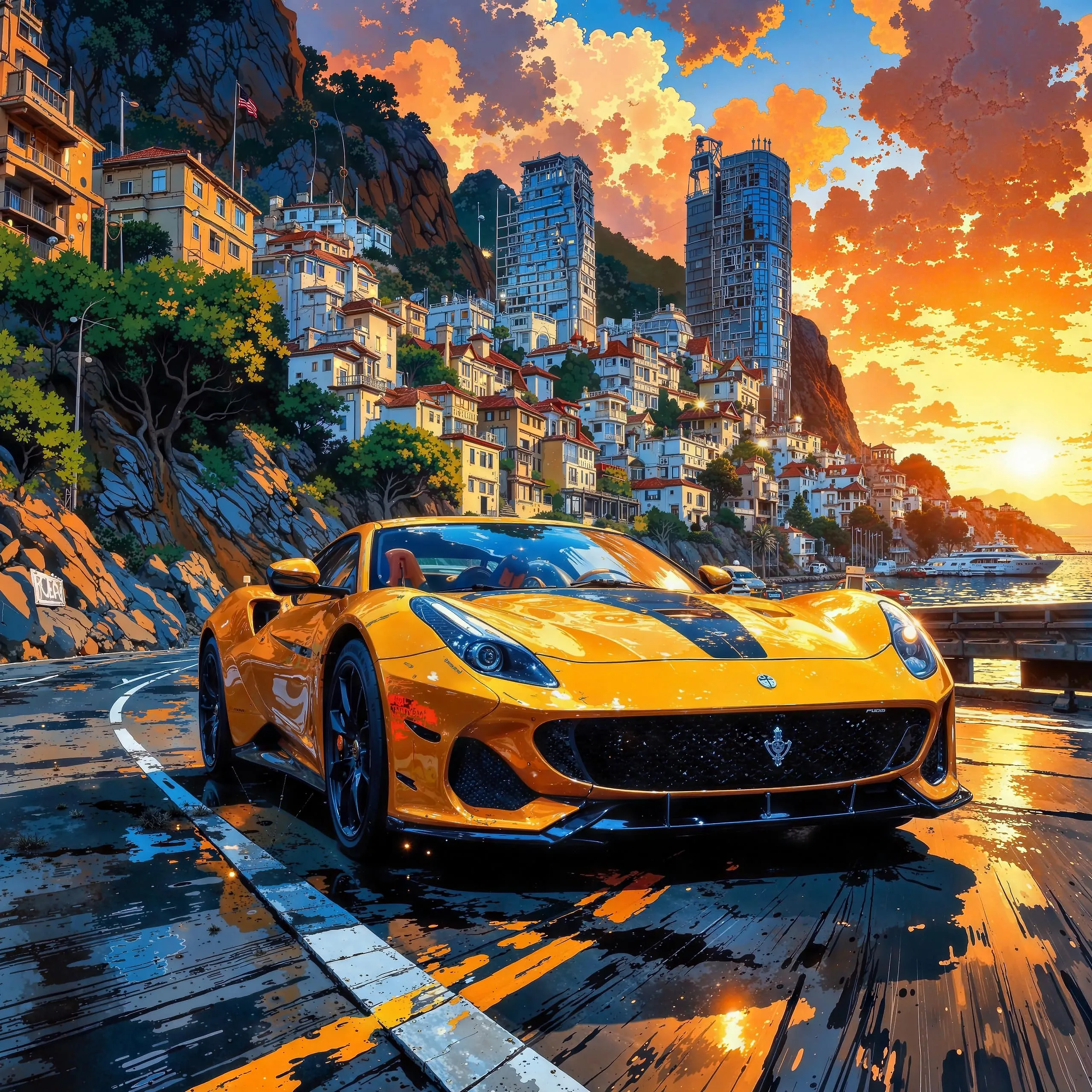 Yellow sports car parked on a wet road in a coastal city with high-rise buildings and a dramatic sunset sky in the background after enhancement and upscaling
