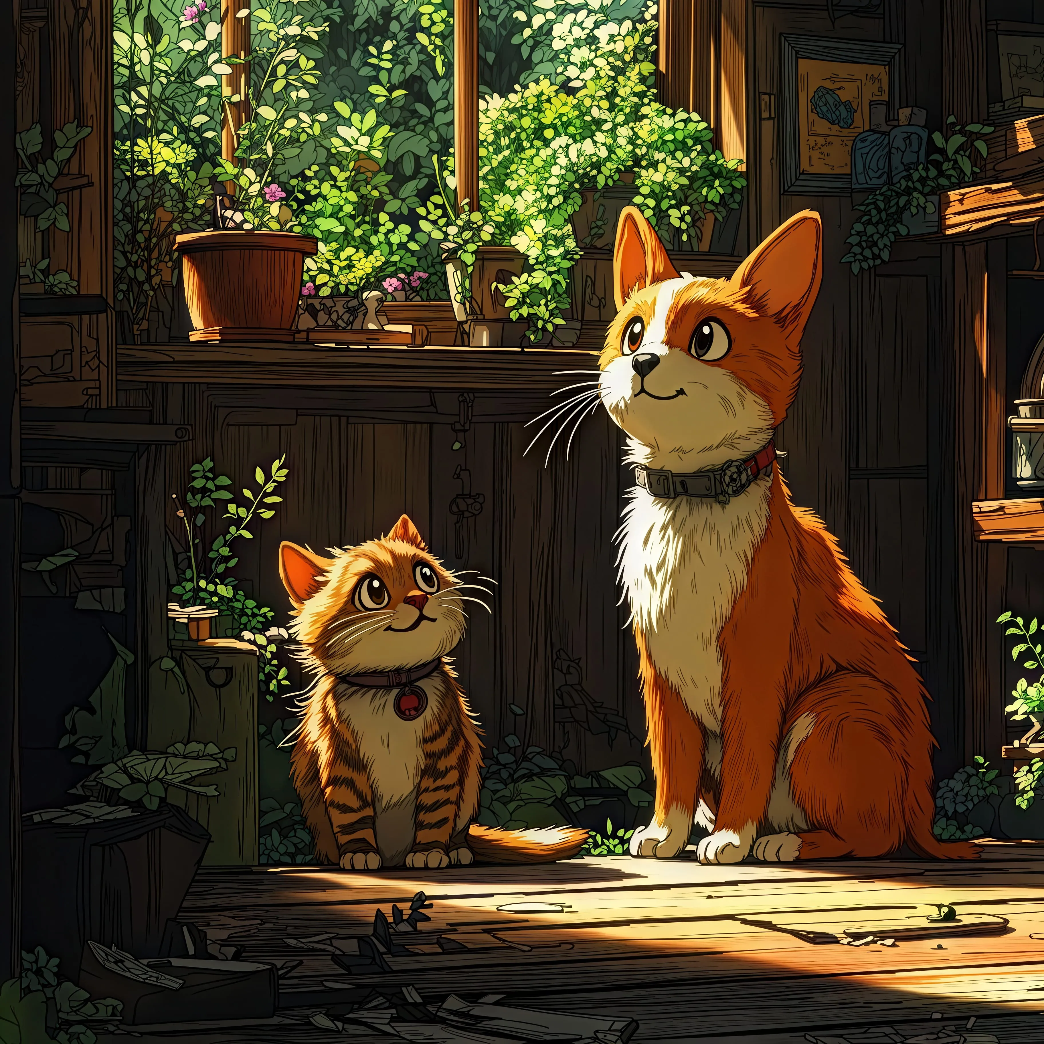 Two adorable cats, one orange and one tabby, sitting inside a rustic wooden cabin with plants and warm sunlight streaming through the window after enhancement and upscaling
