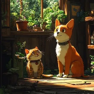 Two adorable cats, one orange and one tabby, sitting inside a rustic wooden cabin with plants and warm sunlight streaming through the window before enhancement and upscaling
