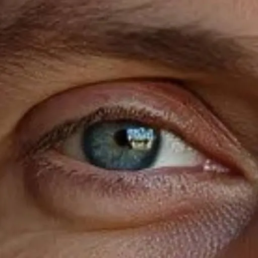 Extreme close-up of a blue-green human eye with intricate iris details, long eyelashes, and natural skin texture before enhancement and upscaling