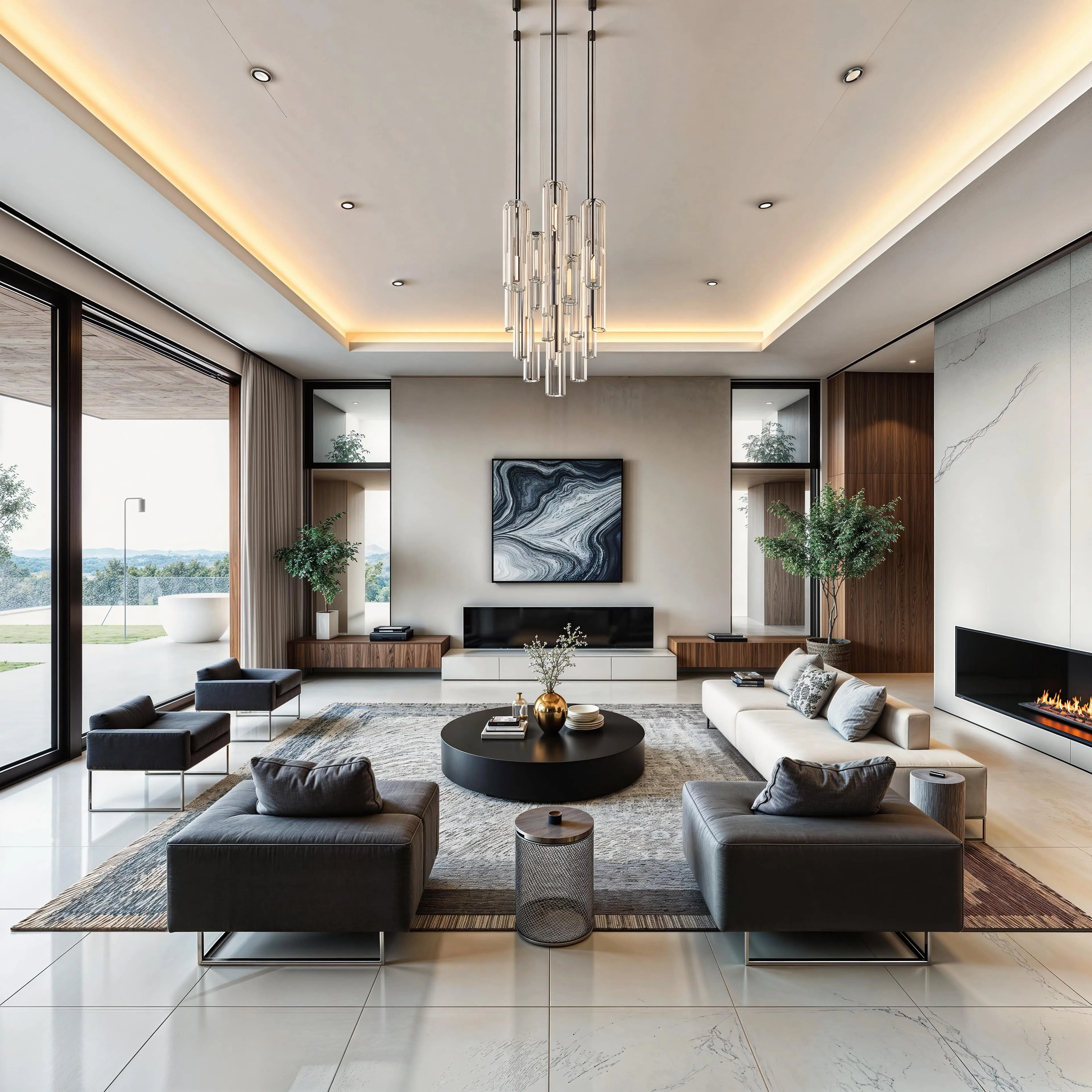 Elegant modern living room with large windows, a chandelier, a fireplace, and sleek furniture in a neutral color palette after enhancement and upscaling