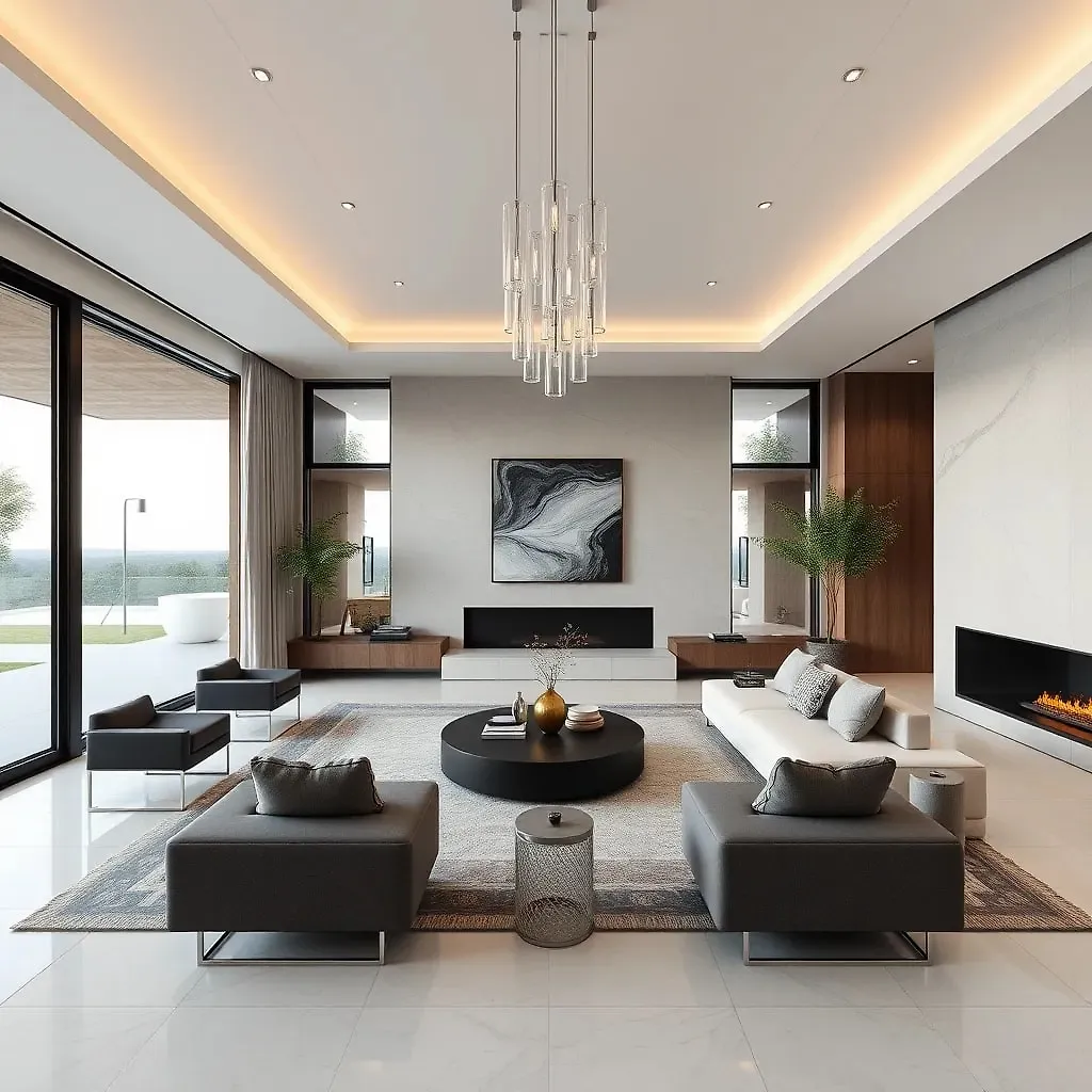 Elegant modern living room with large windows, a chandelier, a fireplace, and sleek furniture in a neutral color palette before enhancement and upscaling