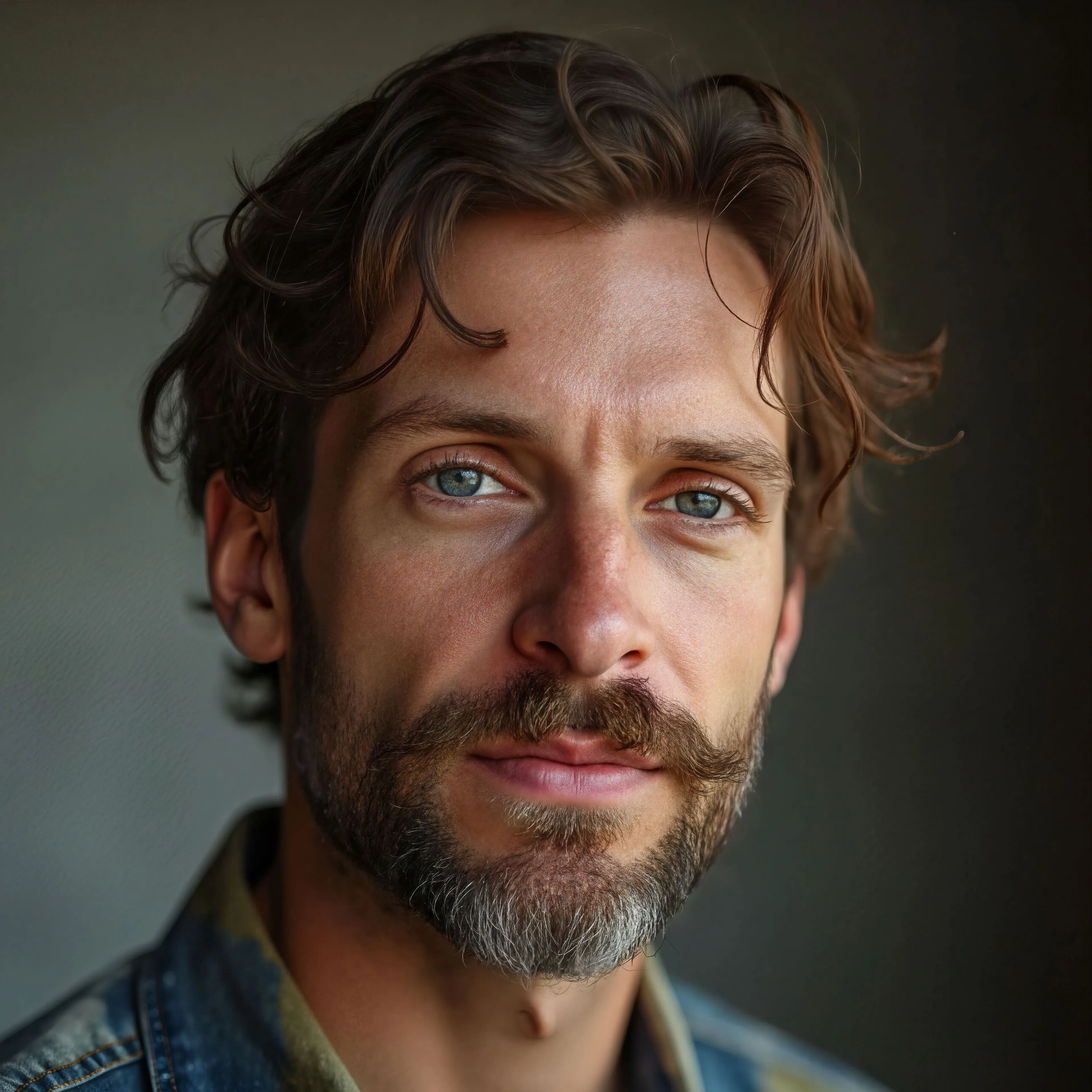 Close-up portrait of a man with wavy brown hair, a well-groomed beard, and blue eyes, wearing a denim jacket against a moody background after enhancement and upscaling