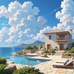 Scenic luxury villa by the ocean with an infinity pool, stone patio, and breathtaking mountain views under a blue sky with fluffy clouds before enhancement and upscaling