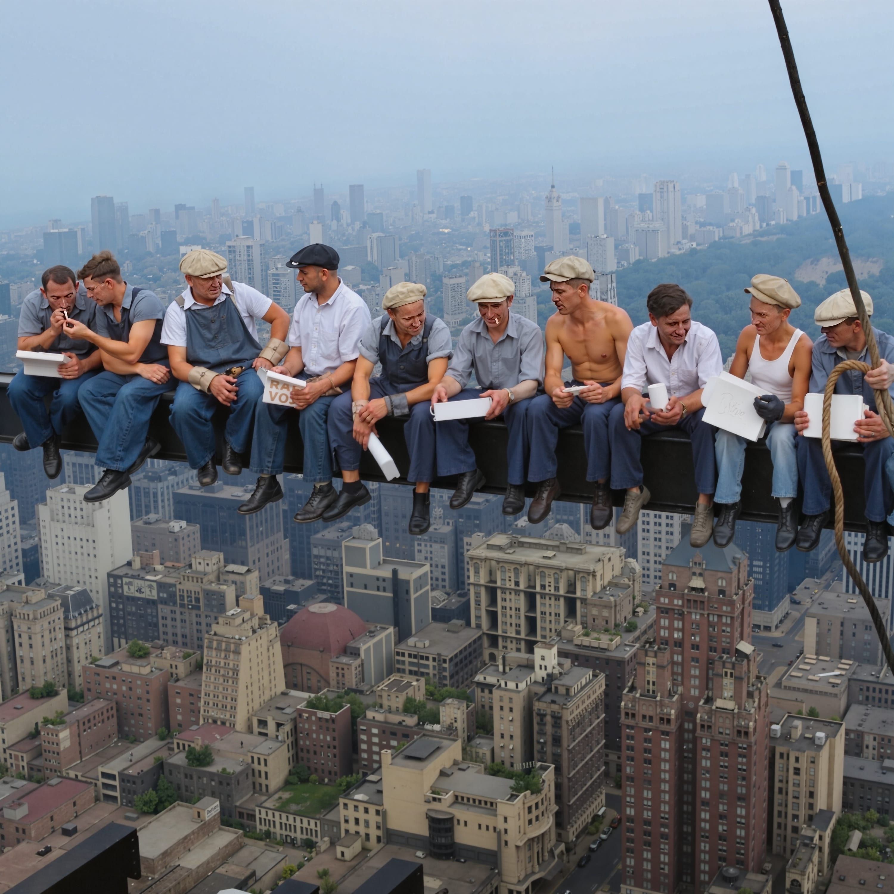 Restored lunch atop a skyscraper, showcasing the transformation from a faded, damaged image to a vibrant, clear restoration. The restored image features a bright blue sky, sharp details of the skyscraper, and vivid colors in the lunch items. after enhancement and upscaling