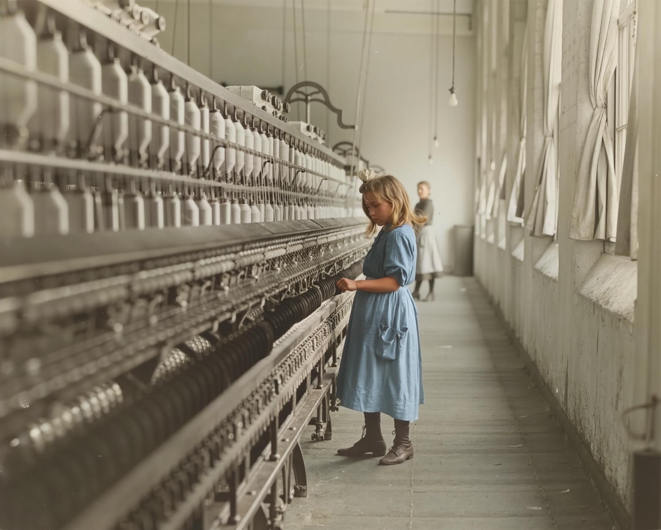 A young girl working at a textile mill in early 20th-century America, part of Lewis Hine's child labor documentation. after enhancement and upscaling