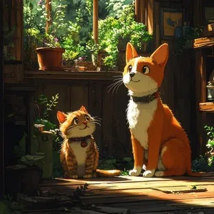 Digital illustration of two cats in a rustic cabin, with upscaled details enhancing fur texture, plant life, and warm sunlight. before enhancement and upscaling