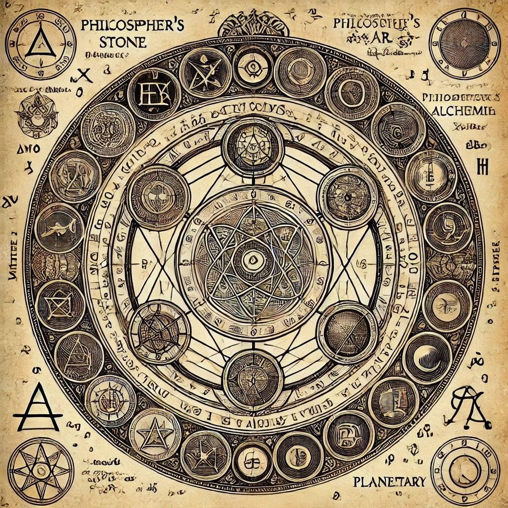 Alchemical diagram with intricate symbols and text, demonstrating improved clarity and legibility of fine details after upscaling. before enhancement and upscaling